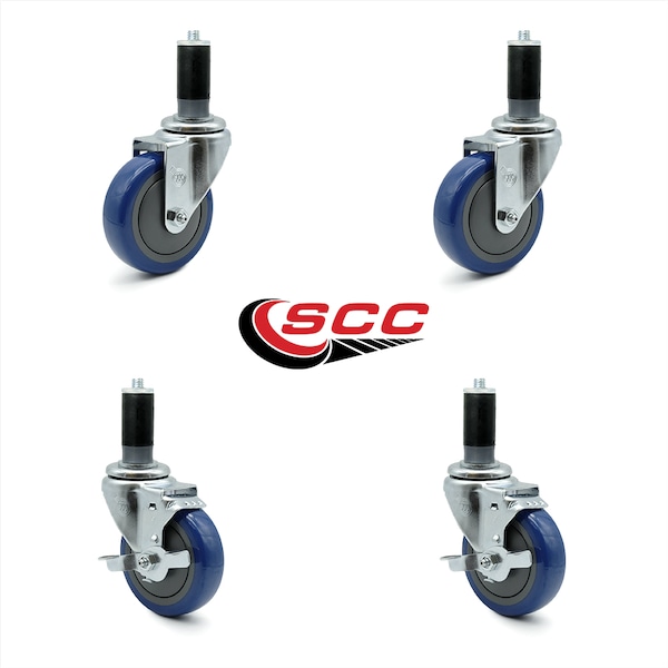 4 Inch Blue Polyurethane Swivel 1-1/4 Inch Expanding Stem Caster Brake SCC, 2PK